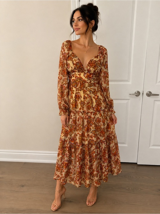 Nicole Miller Dresses & Skirts - Nicole Miller New York Paisley Floral Long Sleeve Midi/Maxi Dress – Size M